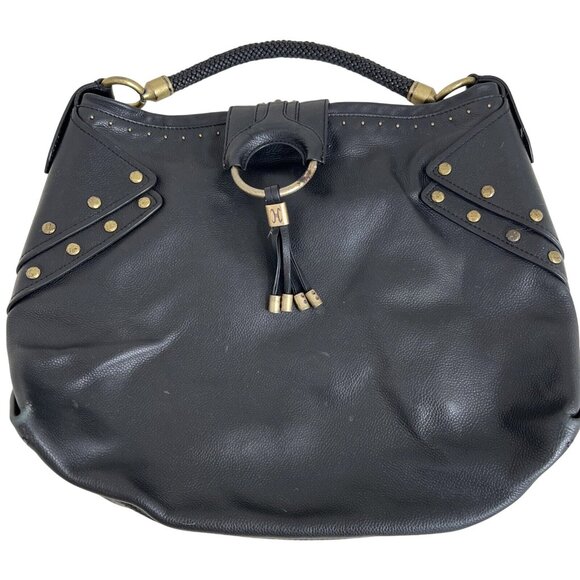 Cole Haan Black Leather Studded Hobo Bag With Brass Hardware & Braided Handle - Picture 1 of 10